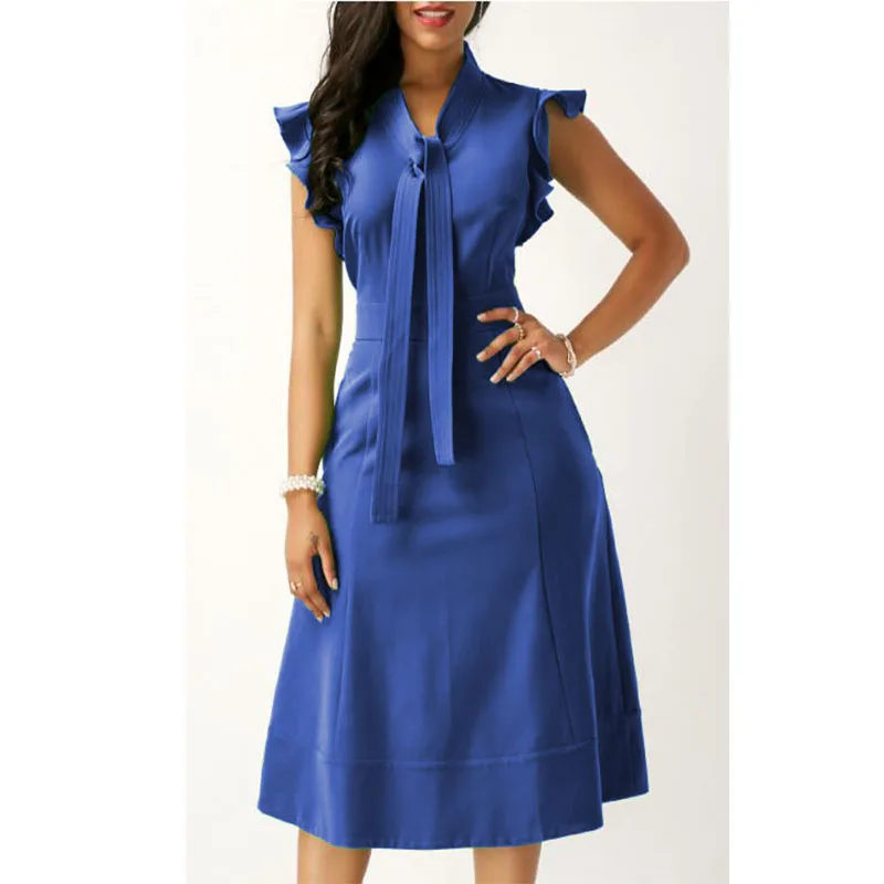 

Summer Ruffled Sleeves High Waist Pockets Slim Party Dating Women's Elegant Casual Midi Dresses