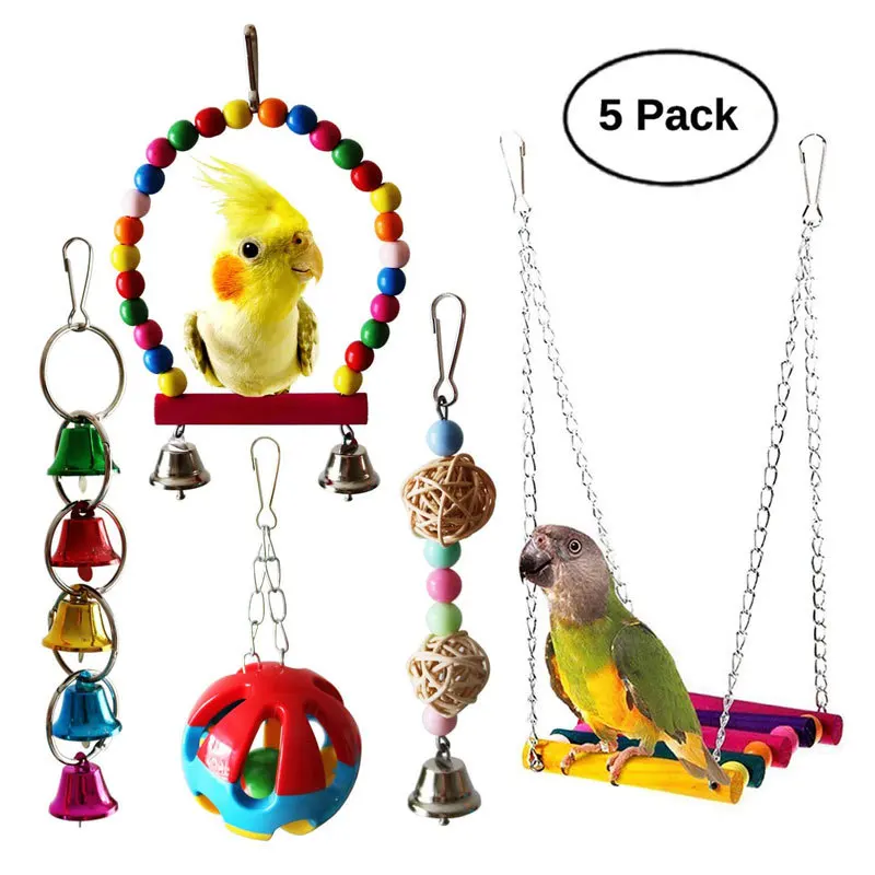 

Kinyu Amazon Top Seller 5 Packs Bird Swing Chewing Hanging Perches Toys Bird Parrot Cage Bite Toys, As photo