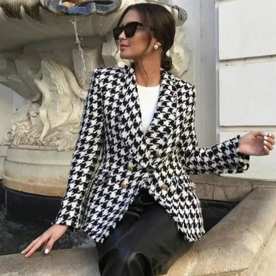 

Puls Size Winter Autumn High Quality Suit Lady Woman Worsted Suits Houndstooth Coat Slim Fit Casual Blazers Womens Tweed Blazer, White,navy bule,black
