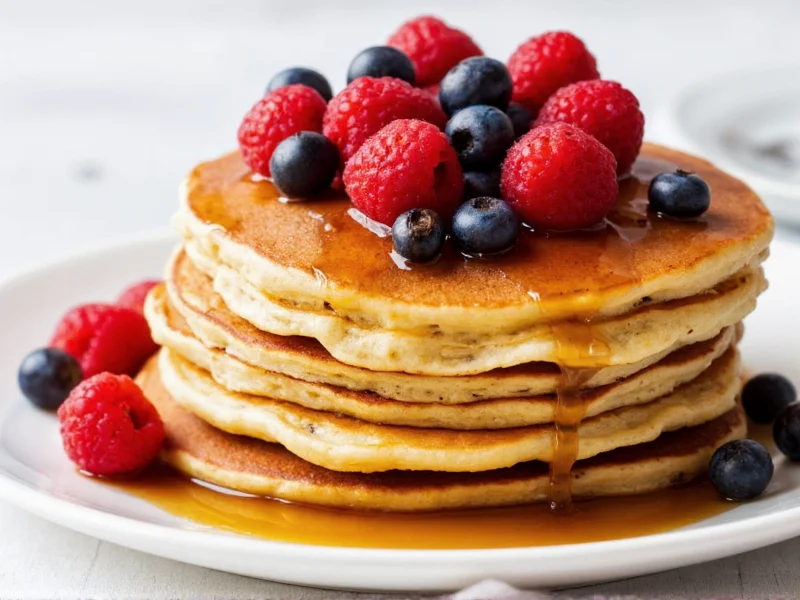 Stacked homemade pancakes with berries and syrup