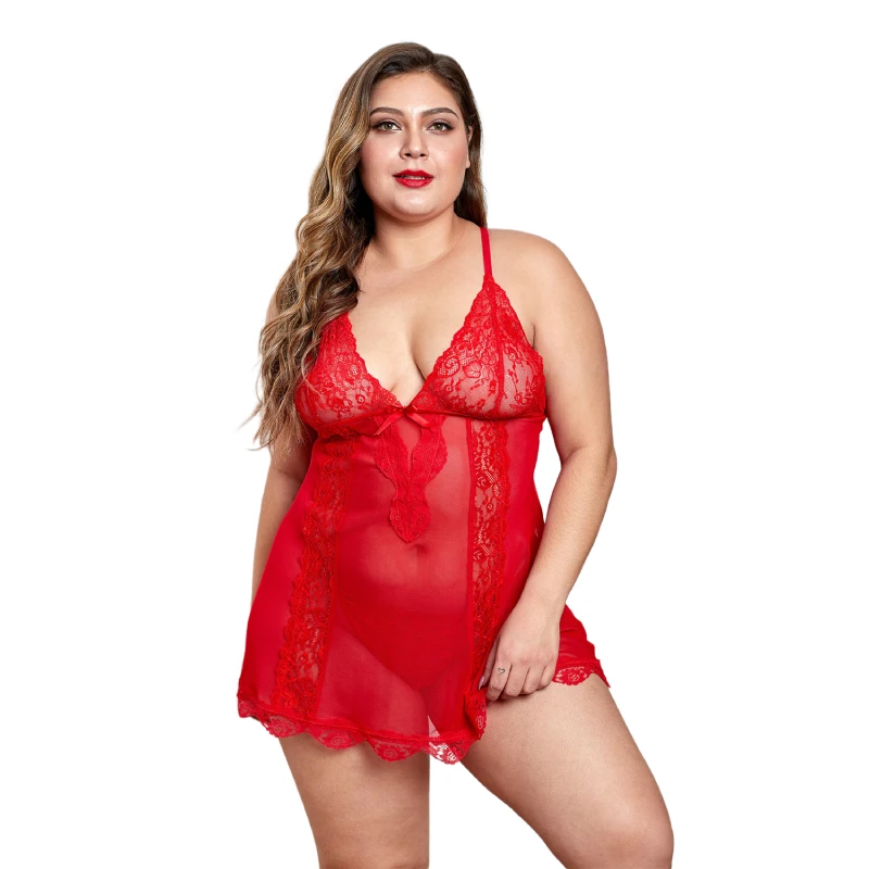 

New Style Women Sexy Lace Hollow Out V Neck Open Back Plus Size Babydoll Lingerie, Red,black