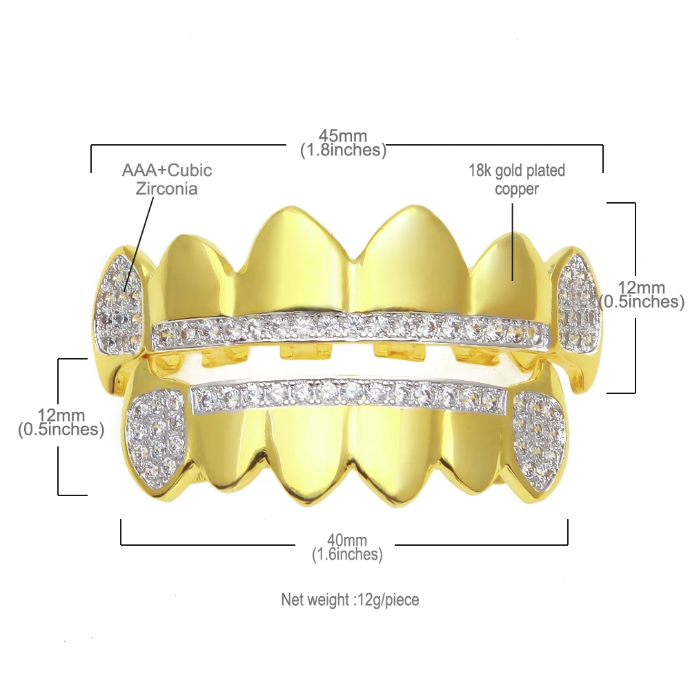 

Custom Gold Color HipHop Micro Pave Cubic Zircon Iced Out Teeth Grillz Caps Top & Bottom Men Women Vampire Fangs Grills set