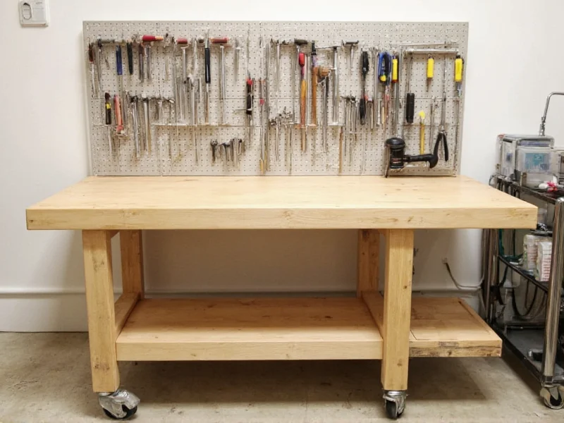 Completed DIY workbench with tool organization