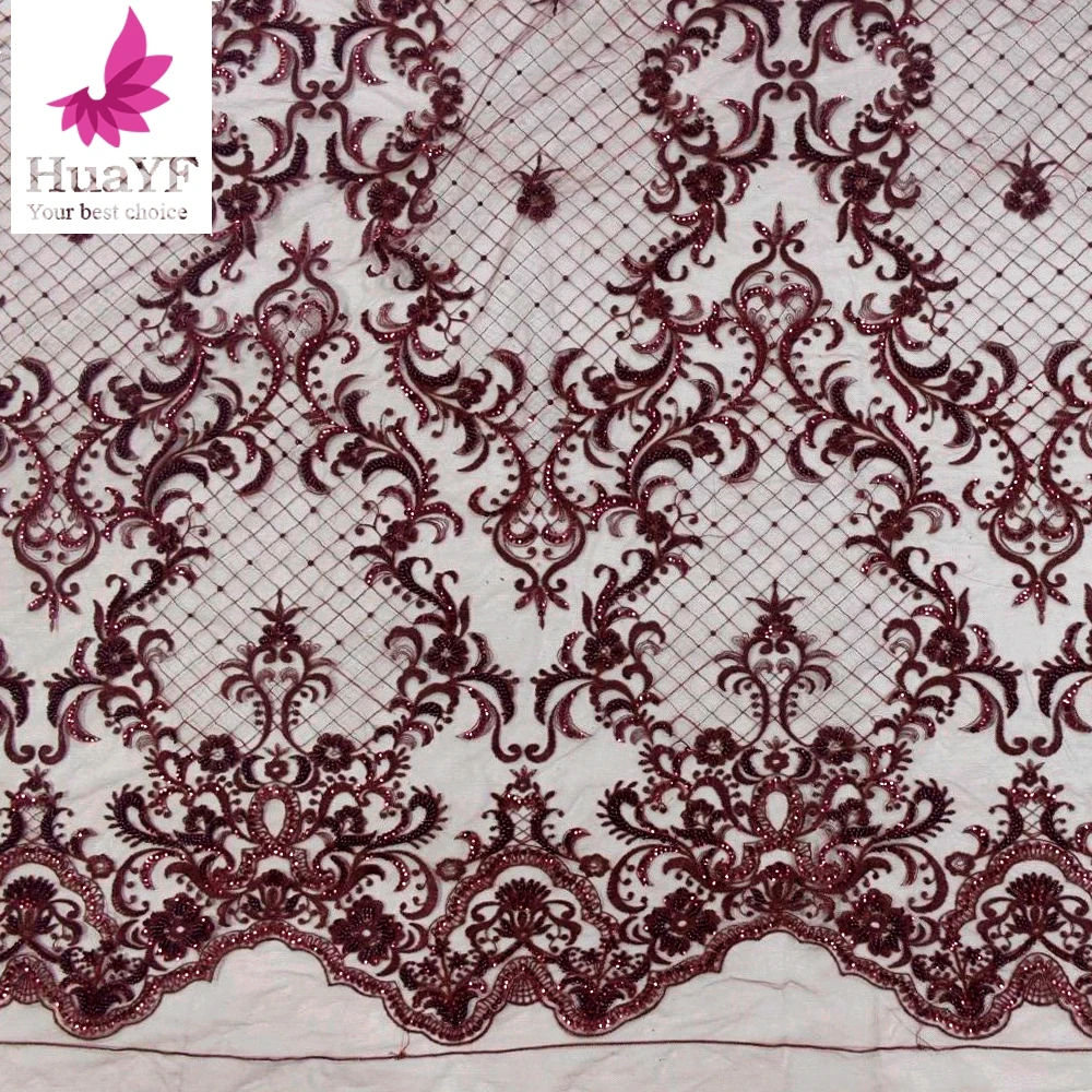 

Hot design African wine red beaded sequins lace floral embroidery tulle lace dress fabric 5 yards for Aso Ebi HY1415-3, As picture