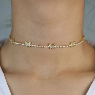 

INS Simple Design Women Choker Necklace Shiny Rhinestone Crystal Butterfly Choker Necklace Butterfly Cz Tennis Chain Necklace