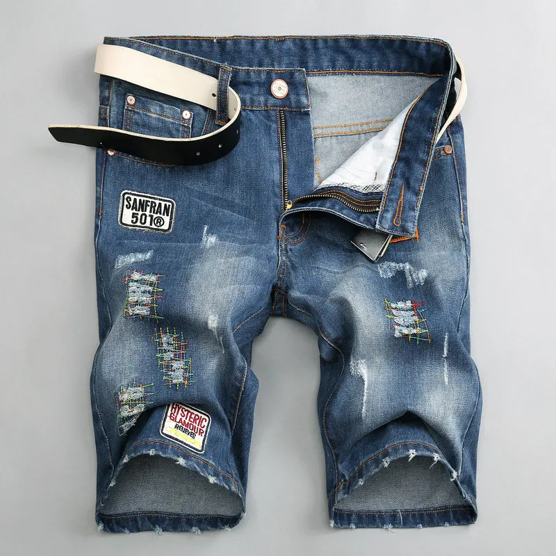 

New Fashion Design Summer Embroidery Pattern Blue Ripped Men Fashion Denim Short