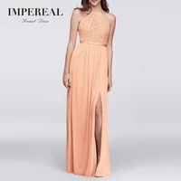 

Open-Back Lace and Mesh Strip Women Plain Chiffon Long Peach Bridesmaid Dress