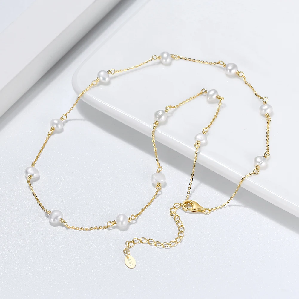 BGPN19 Handmade 14K Gold Real 925 Sterling Silver Pearl Necklace with 3-4mm Real Cultured Baroque Pearl Tiny Chain Necklace