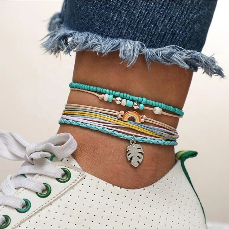 

Leaves Pendant Anklets 2019 For Women New Stone Beads Rainbow Anklet Bohemian Bracelets On Leg BOHO Ocean Jewelry, Photo