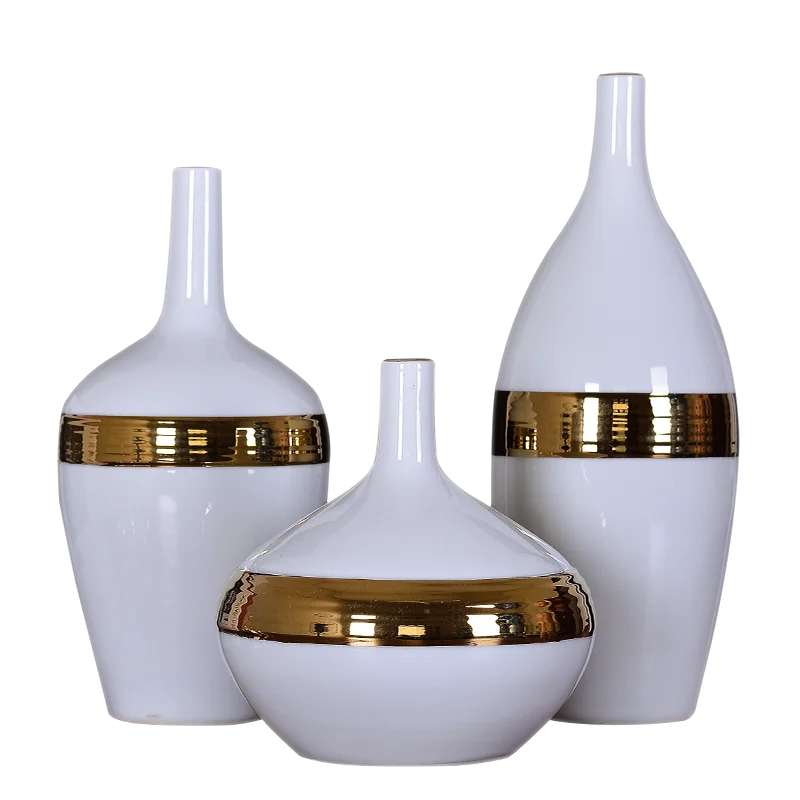 

Jade white ceramic flower vase home decor set with gold plating