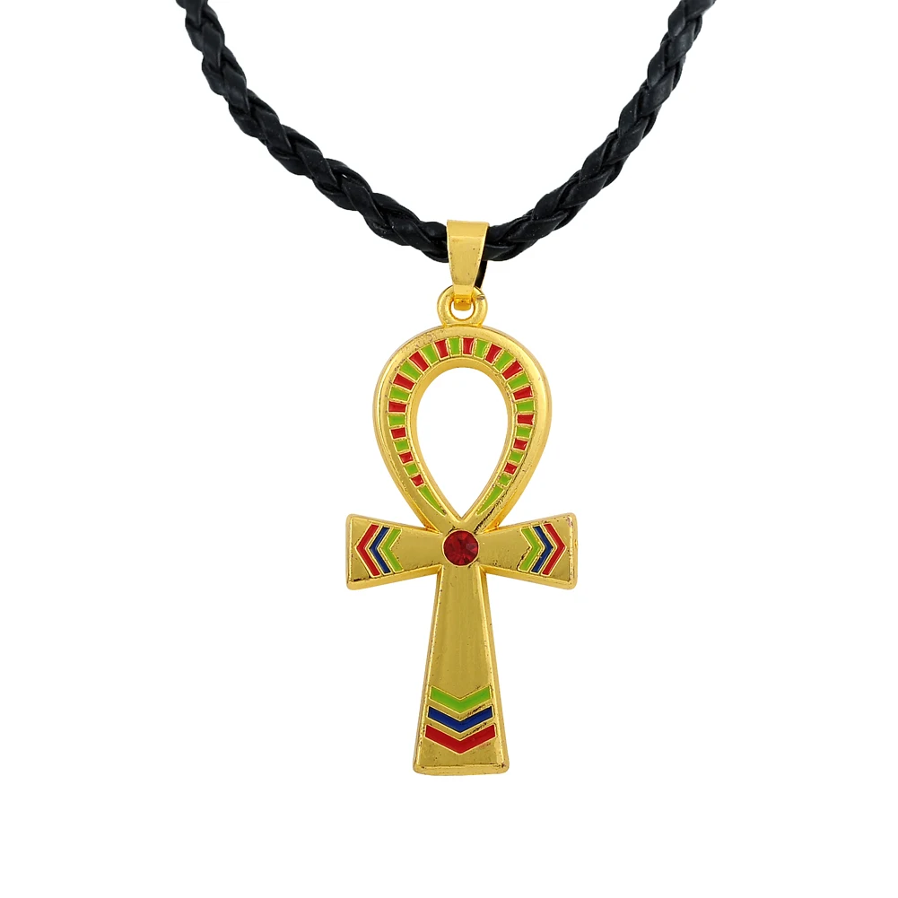 

Wholesale Online Jewelry Gold Plated Egyptian Ankh Cross Leather Cord Necklace, Silver