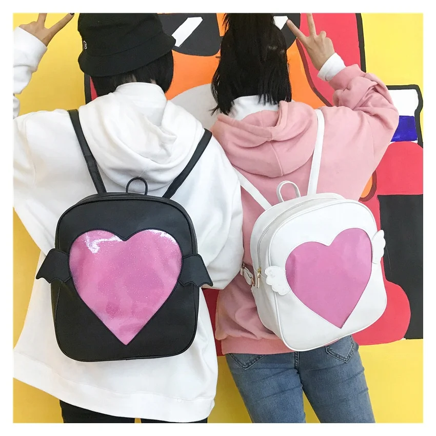 

Candy Color Love Shape Clear Window PU Leather Teenager Mochia Waterproof Backpack Girls Children Cute School Bag With Wings, Black, white