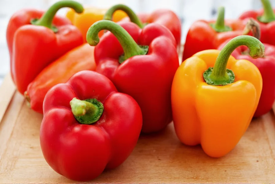 Colorful assortment of fresh red bell peppers displayed on wooden cutting board for nutrition analysis