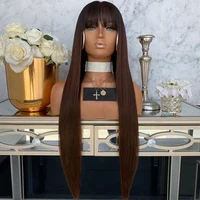 

Custom brown silky straight lace front wig with fringe 4# virgin hair wig with bangs human hair