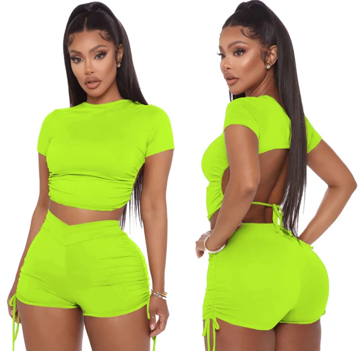 

Drawstring Backless Short Sleeve Crop Top Summer Biker Short 2 Piece Short Set Women Biker Short Set Two Piece Pants Set, Customized color