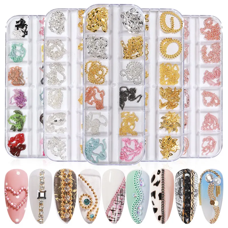 

12 Grids Metal Rivet Nail Art Decoration Mixed Studs Chains Perdant Gold Silver Strass Jewelry DIY 3D Charms Accessories, Silver/gold/rose gold/black/colorful