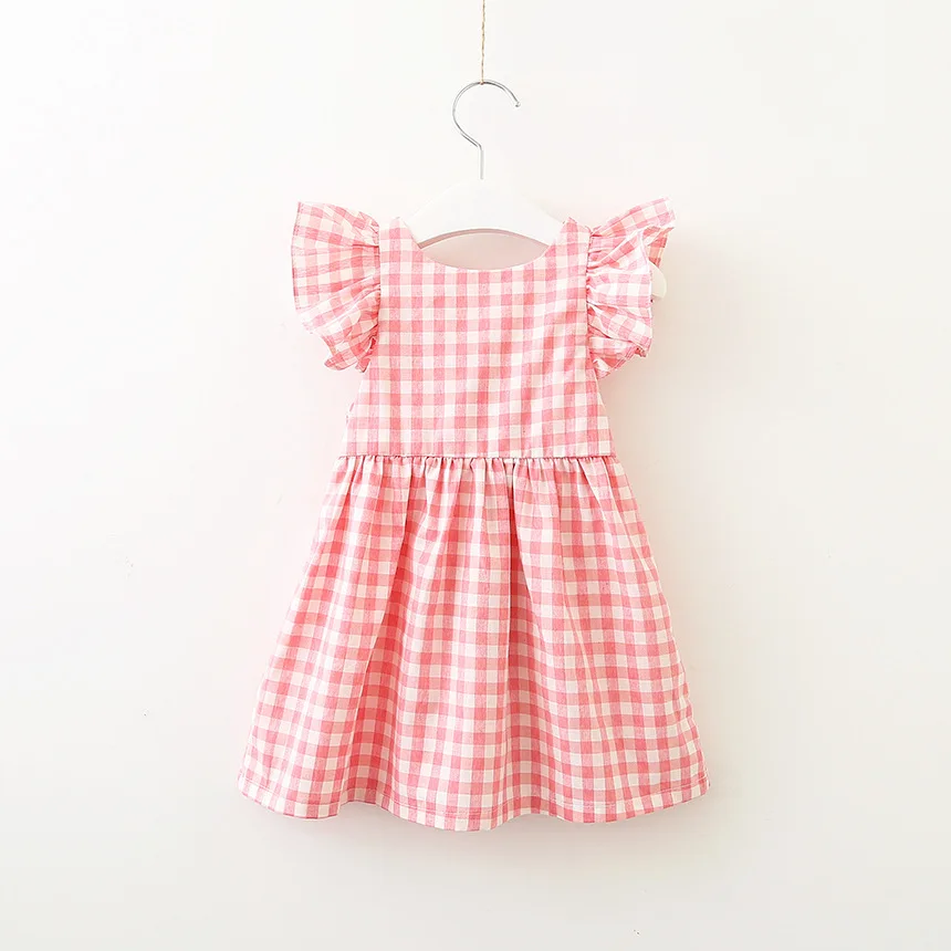 

2021 Hot Sale Summer Grid Printed Bowknot Decor Plaid Ruffle Backless Flying Sleeve Girls' Dresses With Bow