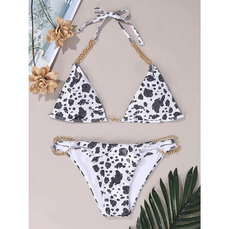 

2022 Cow Printing Chain Beach Pool 2022 Swimwear Sexy Extreme Micro Bikini Women, 4 colors
