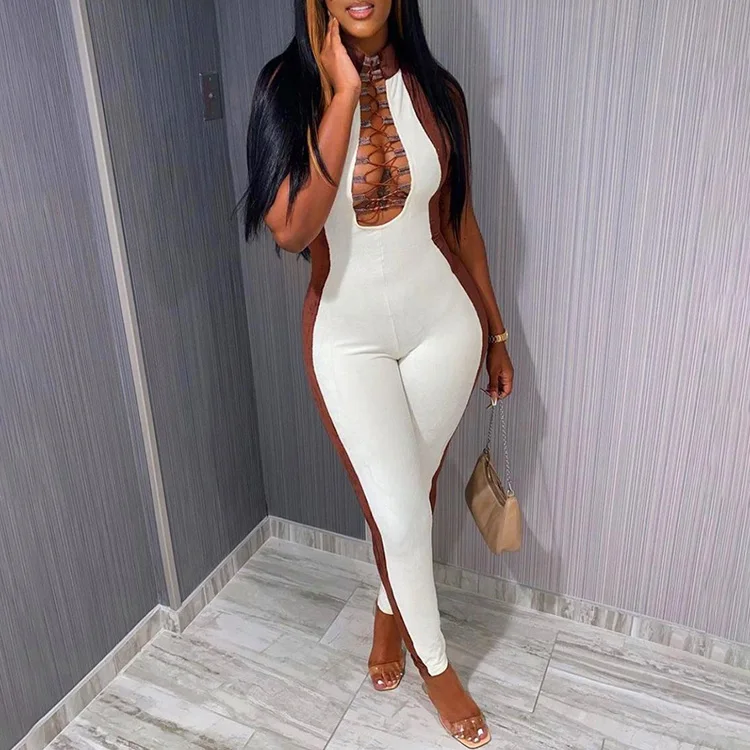 

Spring Lady's Skinny White One Piece Hollow Out Contrast Color Sleeveless Jumpsuit For Women Casual Sexy Bodycon Jumpsuits -PT, Coffee