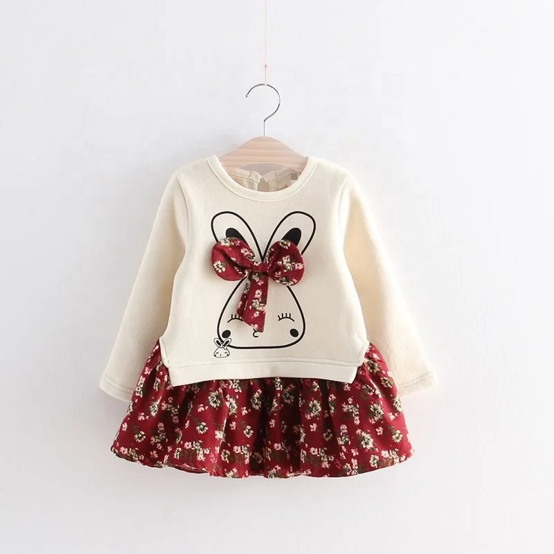 

Boutique Fall Children Girl One-Piece Dress Easter Cute Bunny Pattern Bow Kids Girl Floral Long Sleeve Dress Red Blue Color