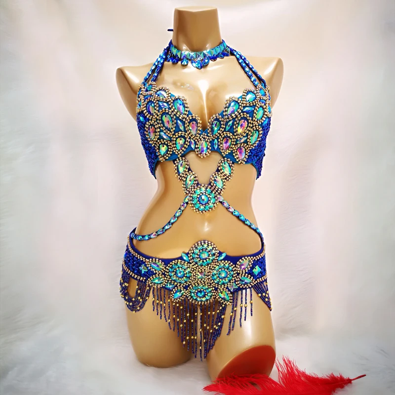 

Women gogo singer bikini show costume Ladies beaded Crystal Belly Dance Costume Wear Bar+Belt+Necklace 3pc Set Sexy Bellydancing