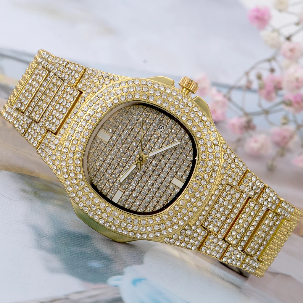 

2021 Fashion 18K Gold Plated Bling Quartz Square Men Watch Full Of Diamond Hip Hop Quartz Watch