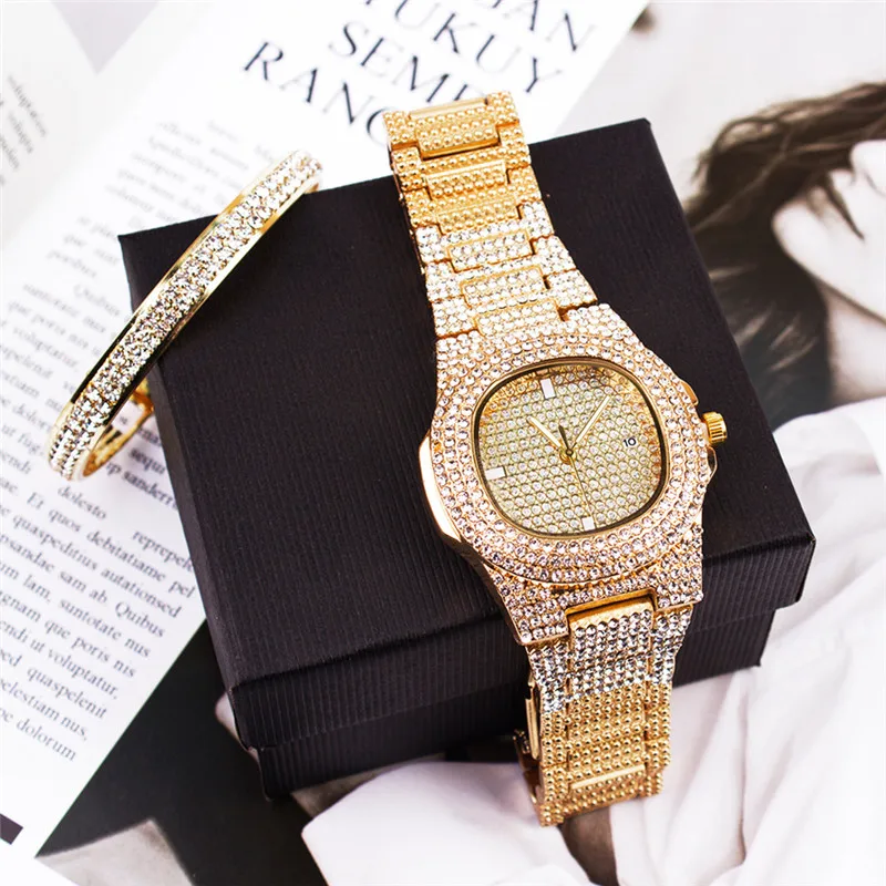 

Fashion Hip Hop Iced Out Bling Blink CZ Diamond Wrist Watch Bracelet Bangle Jewelry Sets Ladies Women Men Quartz Watches Reloj