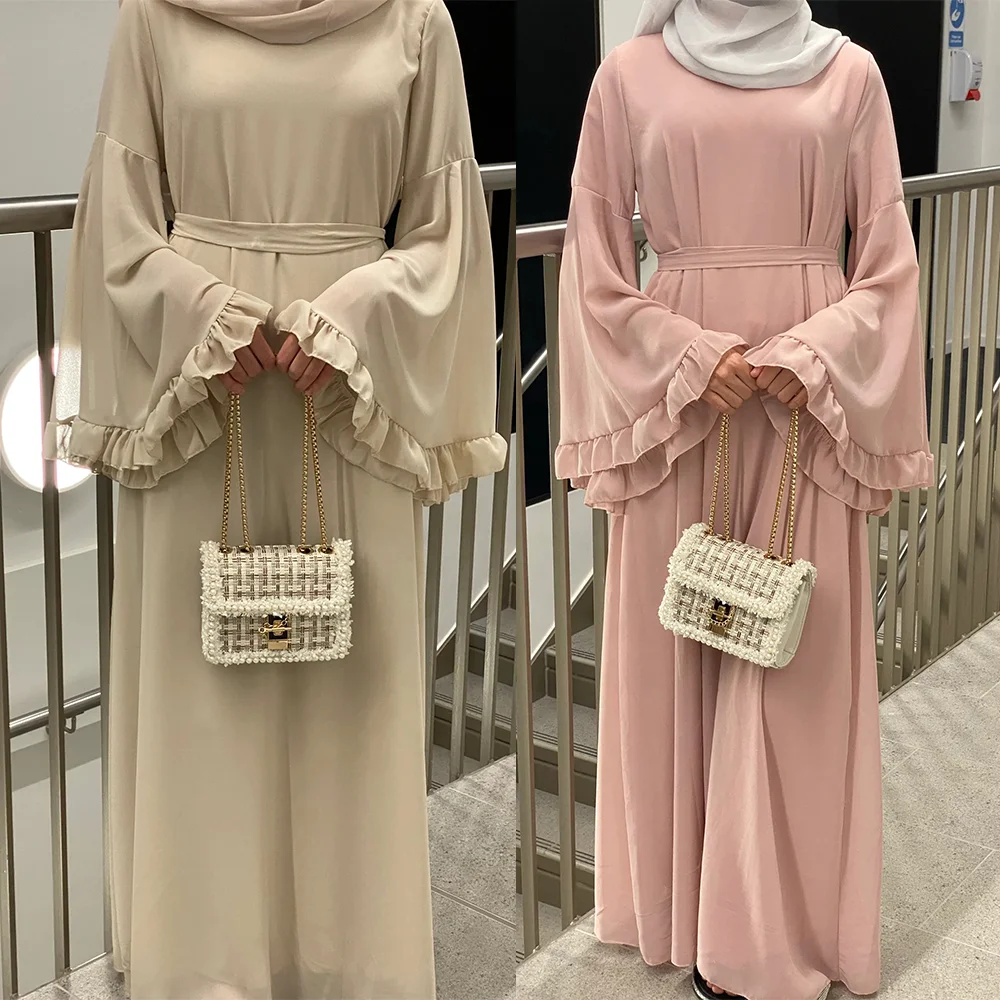 

2023 Wholesale Custom Abaya Turkey Ladies Islamic Clothing Luxury Chiffon Ruffled Sleeves Abaya Women Muslim Dresses Dubai Abaya