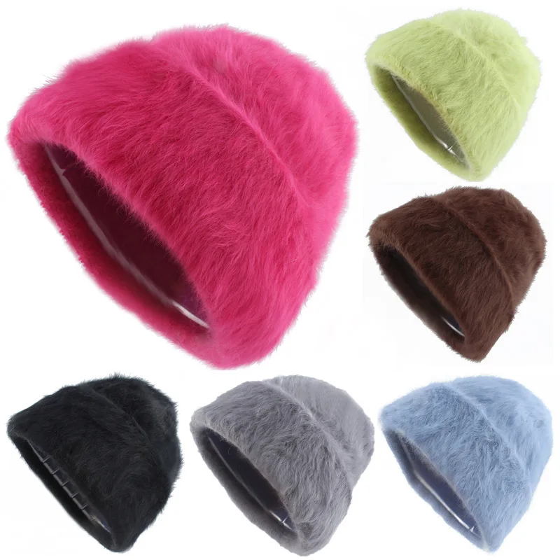 Rabbit Hair Knitted Hat Custom Beanie Cap Fashion Versatile Plush Winter Warm Custom LOGO Knitted Hats