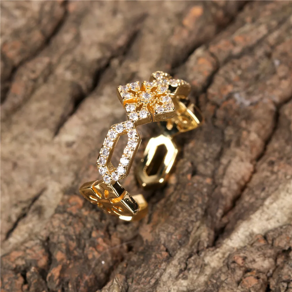 

New Arrival Gold Plated Full CZ Zircon Cross Link Chain Ring Adjustable Zircon Link Chain Cross Ring