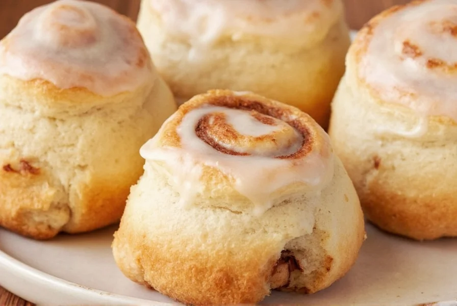 Perfectly baked yeast cinnamon rolls with glossy icing on wooden serving platter