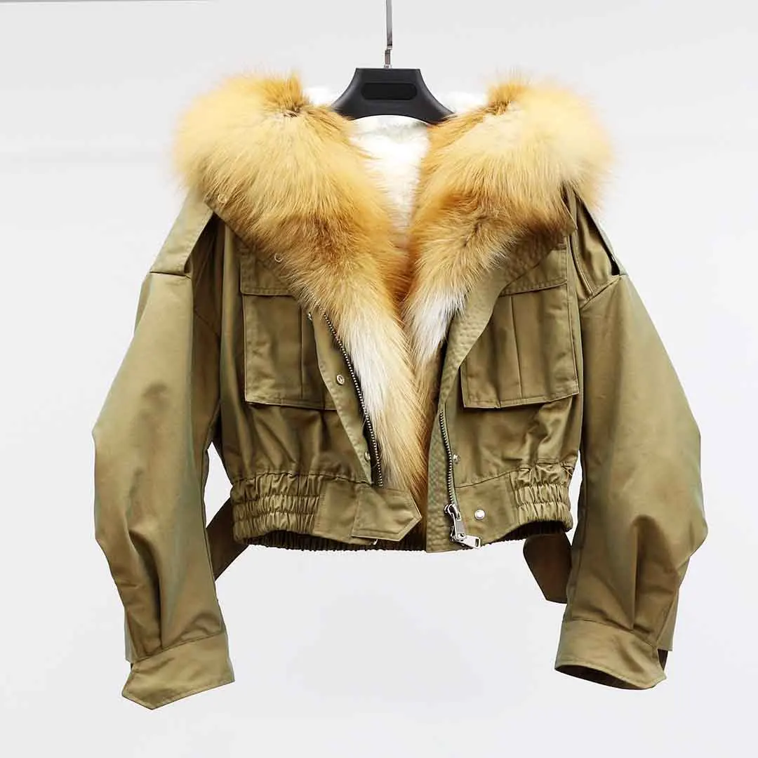 

Cropped Style Lamb Fur Lining Warm Green Hooded Fur Parka With Real Fox Fur