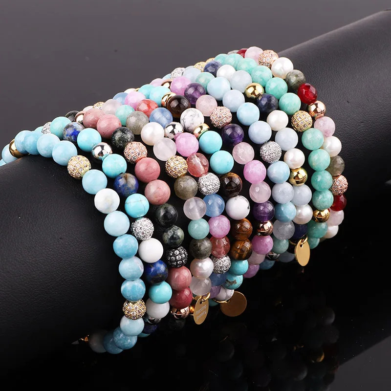 

Yiwu Jewelry Factory OEM CZ Pave Ball Custom Laser Engrave Logo Multi Natural Stone Elastic Gemstone Bracelet Female