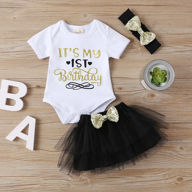 

Summer Short Sleeve it's my 1st birthday Rompers With Tutu Skirts Baby Clothing Set Outfits Children Infant Clothes Set, Picture show