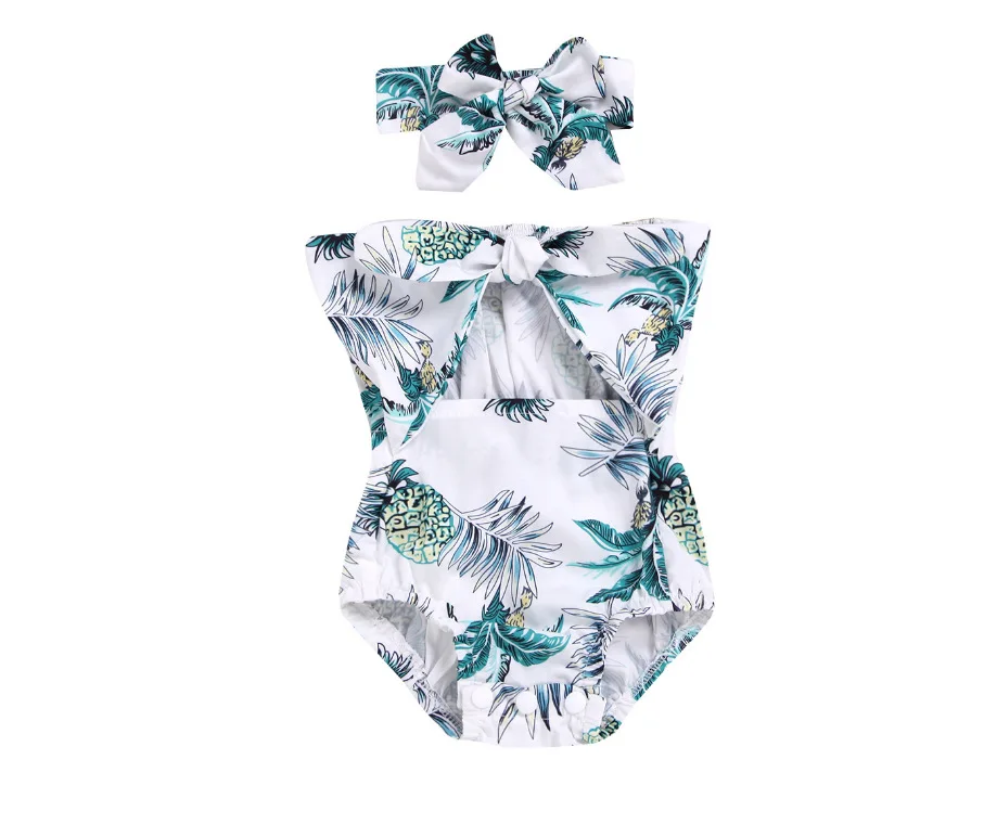 

2021 Girls pineapple print sleeveless jumpsuit headscarf two pieces set romper baby cotton clothes for wholesale