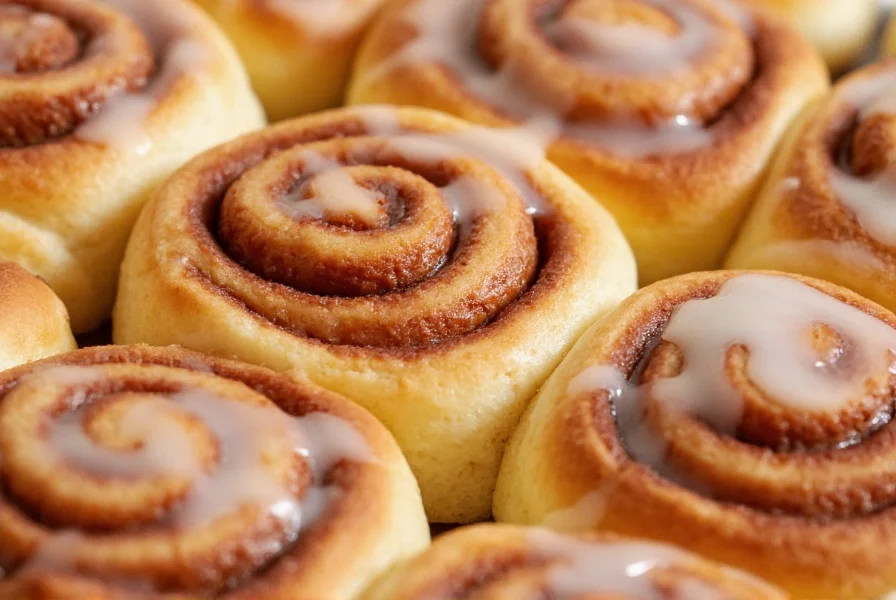 Close-up of perfectly baked cinnamon rolls with visible swirls and glossy icing
