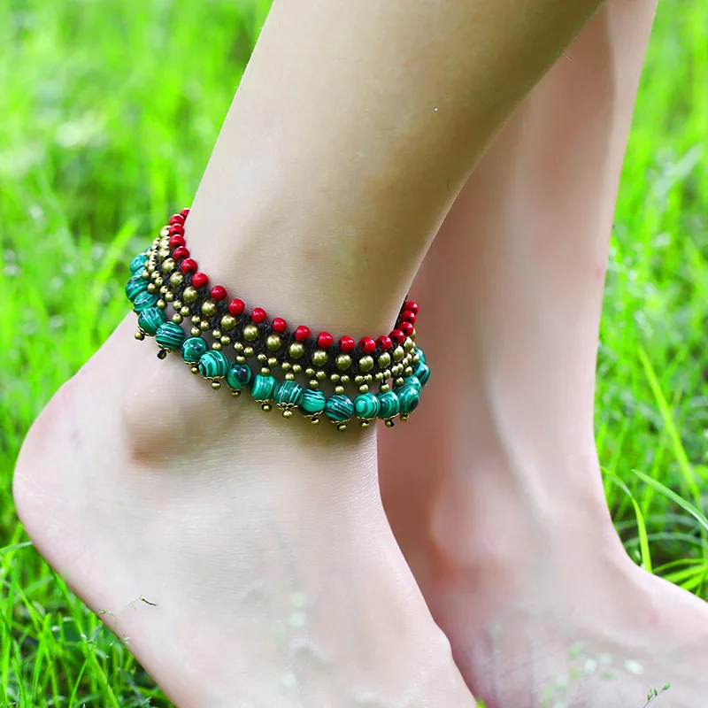 

Wholesale hot sale bohemian style anklet semi-precious stone wax rope hand-woven beaded beach anklet, As picture show