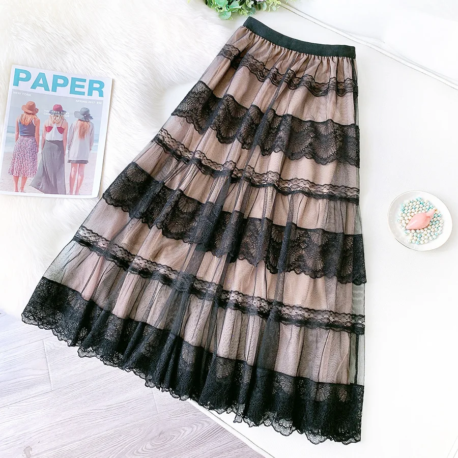 

B54289A Black lace skirt Korea style women fashion mesh long skirt