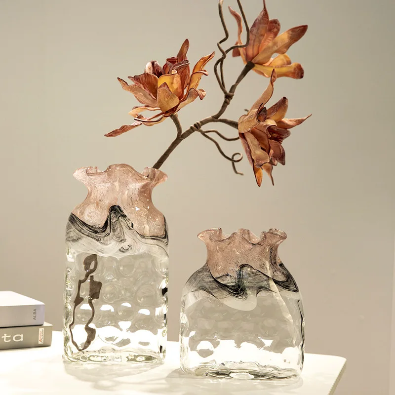 Nordic Minimalist Tall Pink Ink Landscape Ice Crack Gradient Handmade Crystal Glass Vase Coastal Home Living Room Dining Table