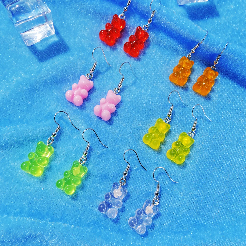 

5615 New Arrival Fashion Candy Color Bear Shape Drop Earrings Jewelry Alloy Acetate Resin Gummy Bear Earrings