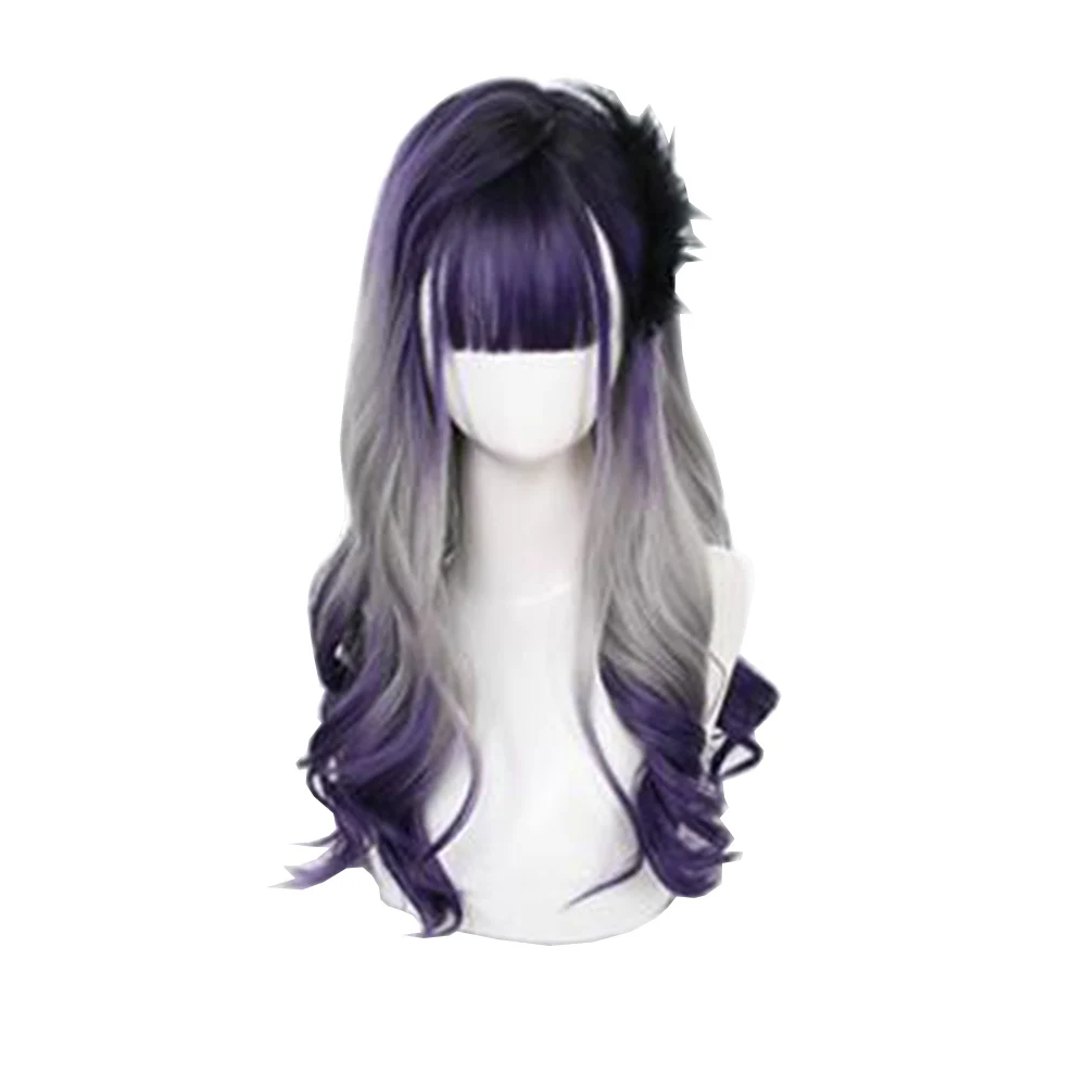 

Dark Purple Gradient Gray Gradient Purple Long Curly Hair Wig Synthetic Japanese Lolita Cosplay Party Rose Net Air Bangs Wigg, Pic showed