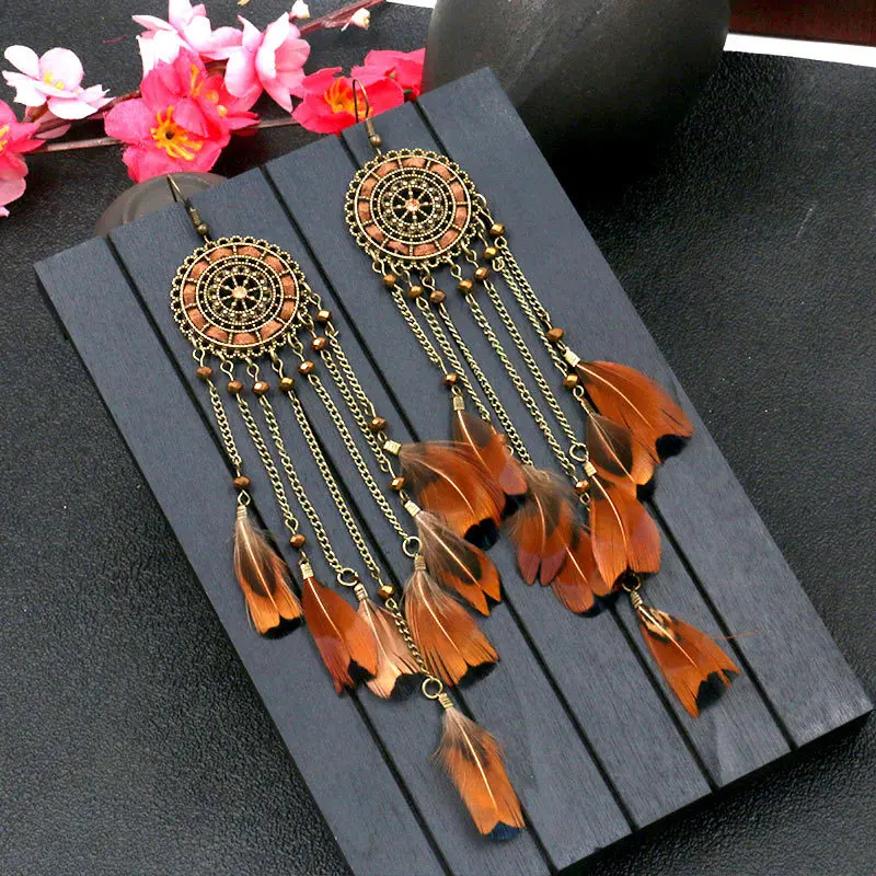 

Ethnic Tribe Totem Stone Beads Brown dreamcatcher Long Feather Drop Earrings Bohemia Charm Earrings Fashion Jewelry Gift, Colourful