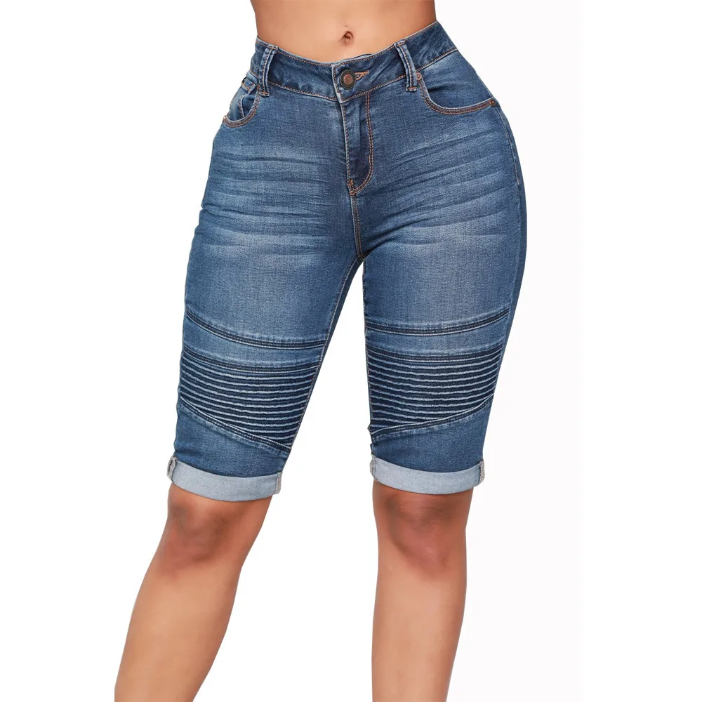 

European and American ladies locomotive stretch denim shorts classic blue denim, Picture