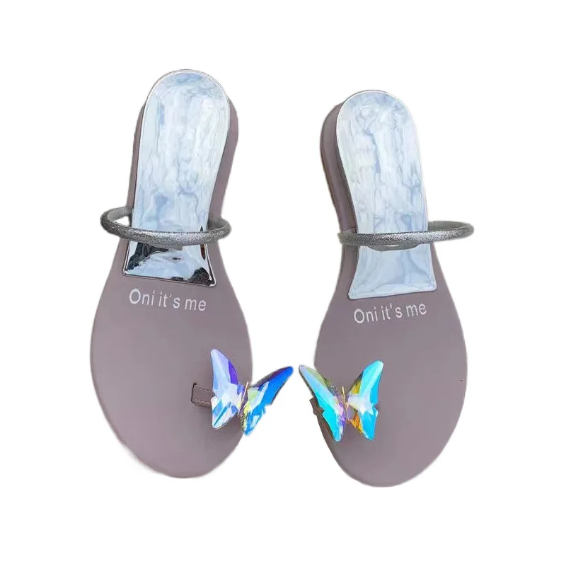 

2021 spring/summer Korean edition new toe slipper beach shoes female tidewater drill butterfly flat wedge slippers, Picture