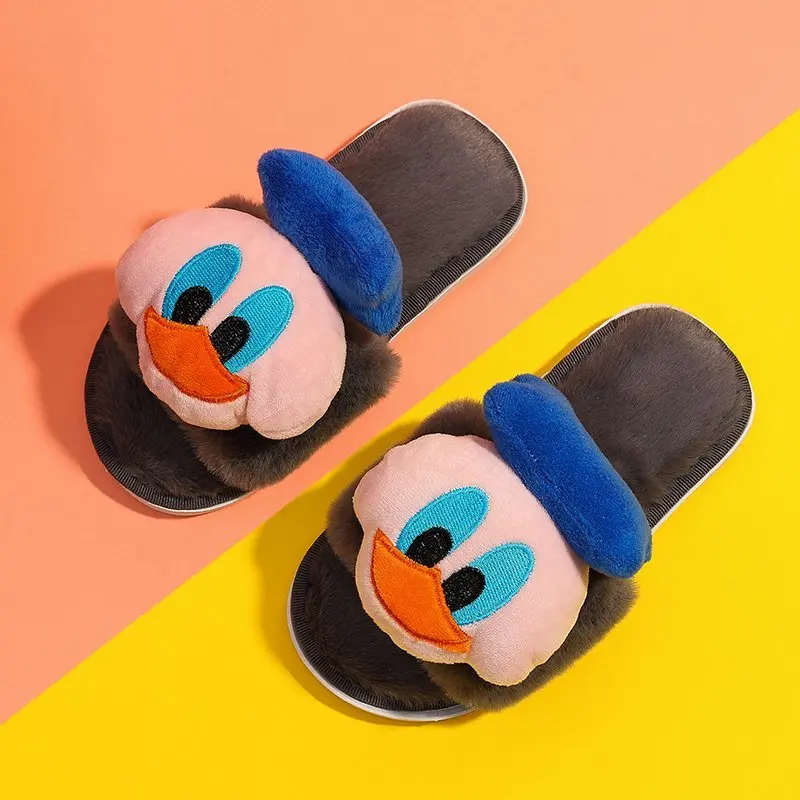 

2021 autumn winter new Donald Duck plus velvet cute cartoon indoor animal kids cotton slippers, Pink/grey/black/brown