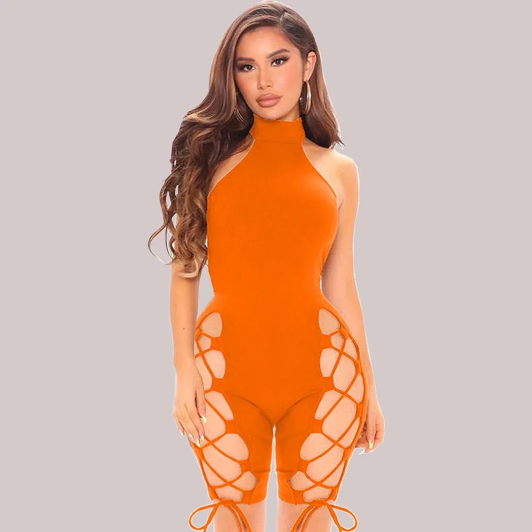 

Casual Hollow Out Bandage Halter Backless Jumpsuit Pants Women Bodysuits Short Jumpsuit Women 2021, As picture