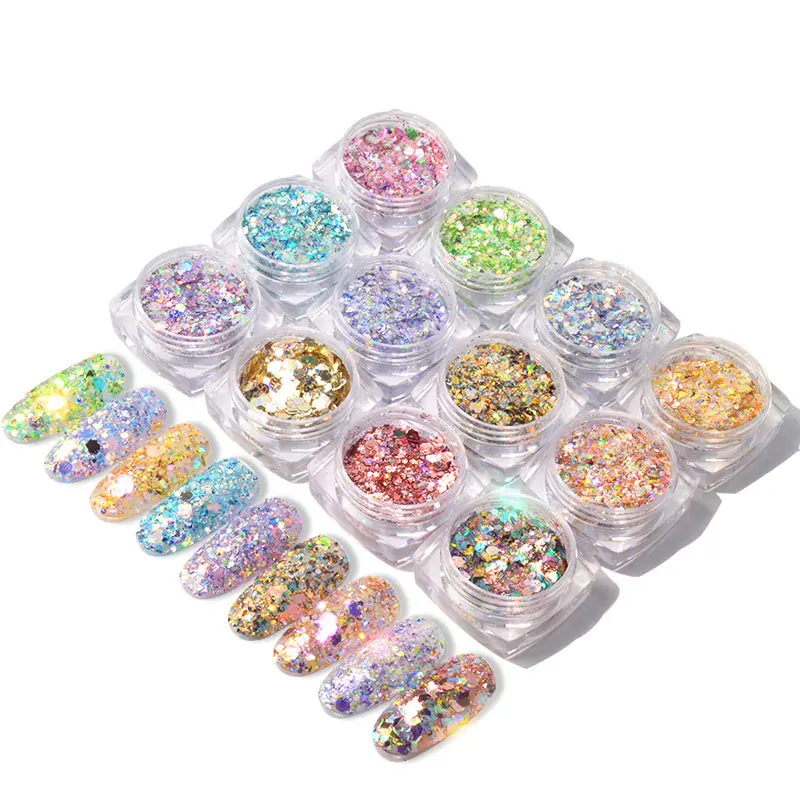 

1Box Laser Rainbow Nail Glitter Flakes Mixed Hexagon Round Symphony Sequins Pigment Nail Art Powder Dust DIY Manicure Decoration, Pink, green, blue, purple, gold, yellow, flame, mixed colors