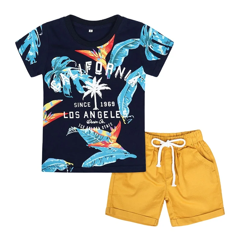 

Short Sleeve Printed T-shirts Yellow Shorts Boys Beach Wear Suit Hot Selling Trendy Kids Clothing Sets, Picture shows
