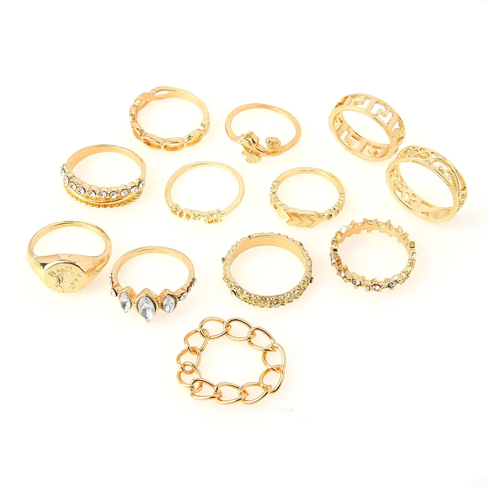 

12PC/SET Bohemian Retro Gold Rings for Women Flower Leaves Hollow Crown Gem Ring Set Female Wedding party jewelry gift