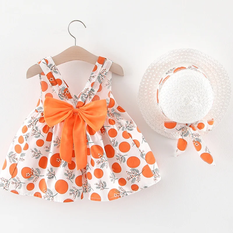 

2022 Summer Baby Girls Dresses for Baby Casual Beach Bow Print Sundress Princess Dress Infant Dress Newborn Clothes Send Hat
